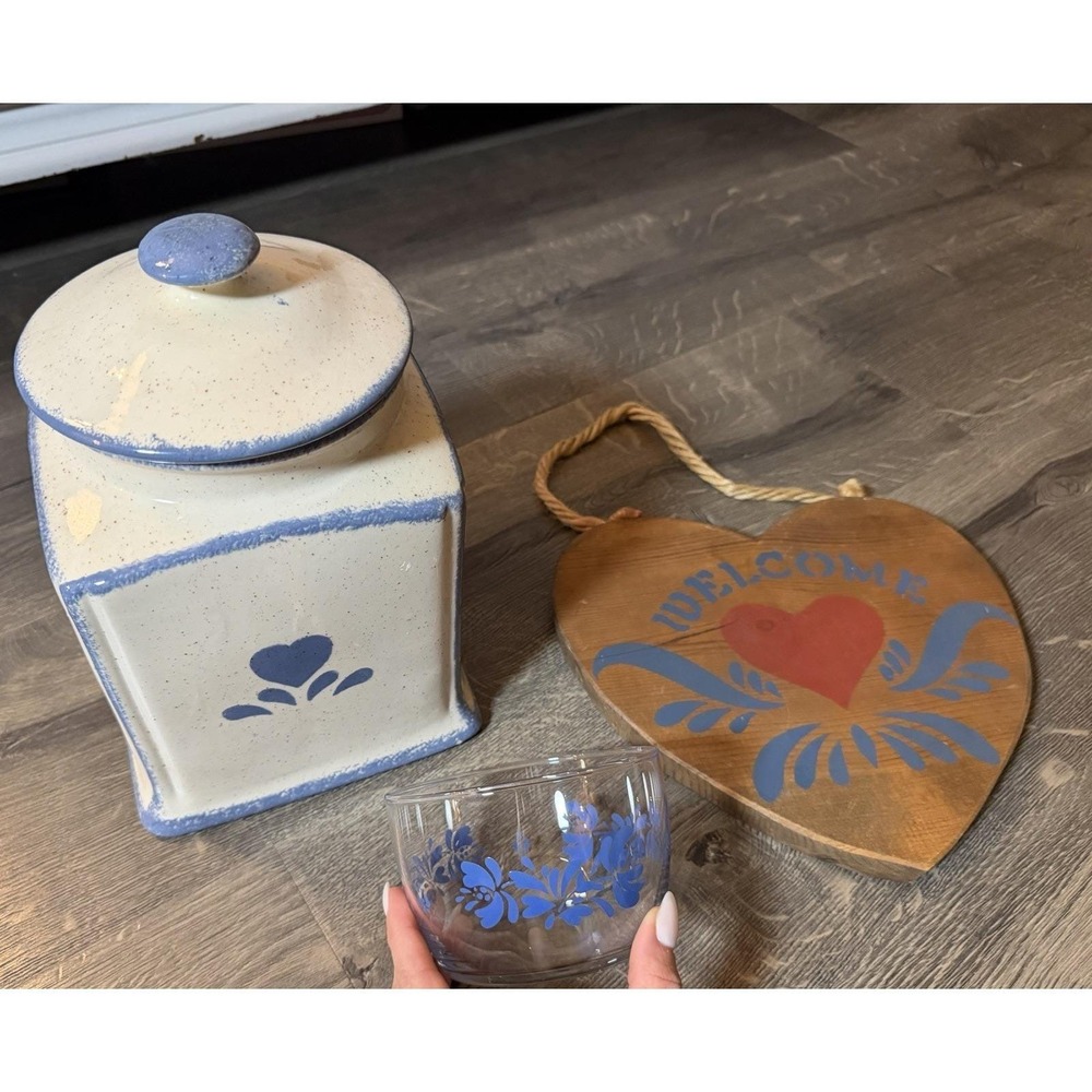 cottage core decor Vintage lot Heart Canister, Wood Plaque, Glass Bowl